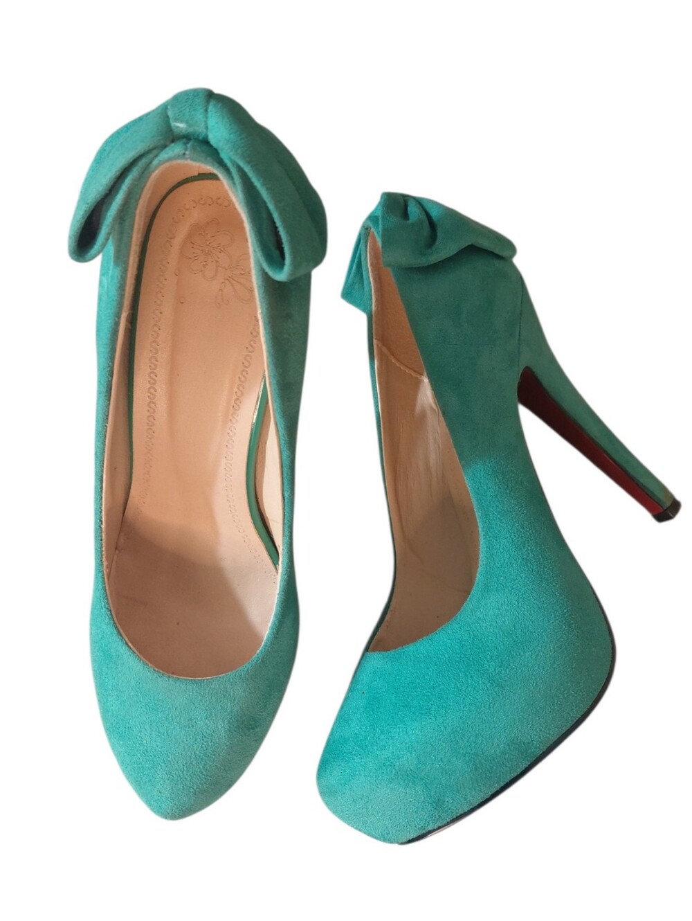 Turquoise Suede Platform Pumps with Back Bow Women's Size 7.5 Blue/Green Heels
